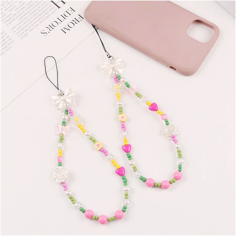 3d Pearlescent Camellia Beads Dengan Rantai Manik-Manik Kayu Universal Pendek Pergelangan Tangan Anti-Hilang Tali Untuk Semua Ponsel Case Bluetooth Earphone TWS Cover DIY