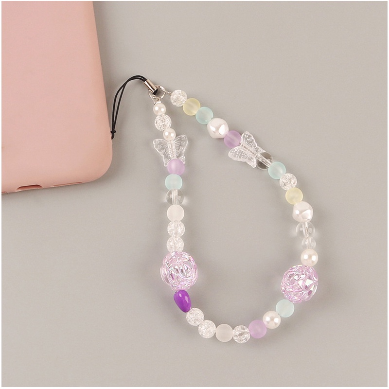 3d Ungu Muda Camelia Rantai Manik-Manik Bulat Warna-Warni Universal Phone Case Anti-lost Tali Pendek Bluetooth Earphone TWS Cover Liontin Untuk DIY