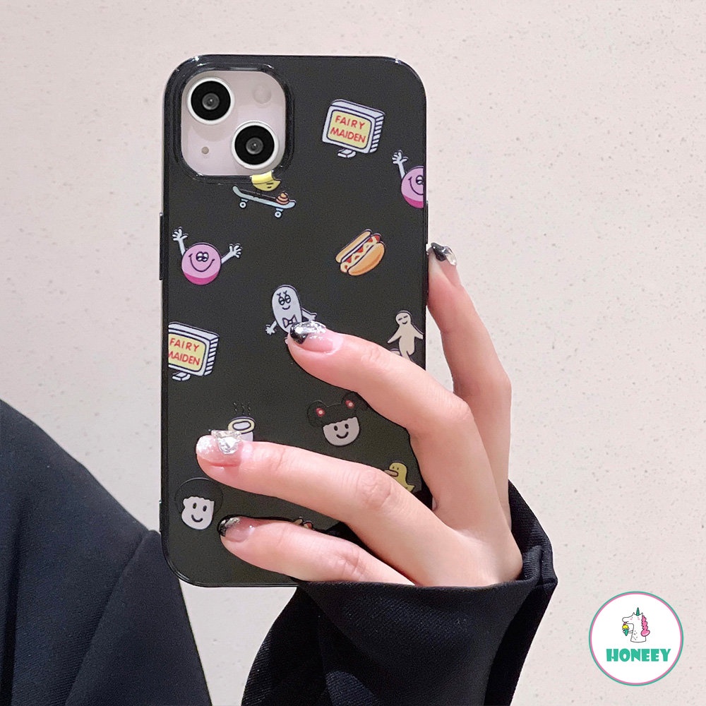 IPHONE Kartun Lucu Stiker Layar Penuh Ponsel Case Kompatibel Untuk Apple14 Untuk Iphone11 13 14 12 Pro Max XS XR 78 Plus Hitam Glossy Lembut TPU Shockproof Cover