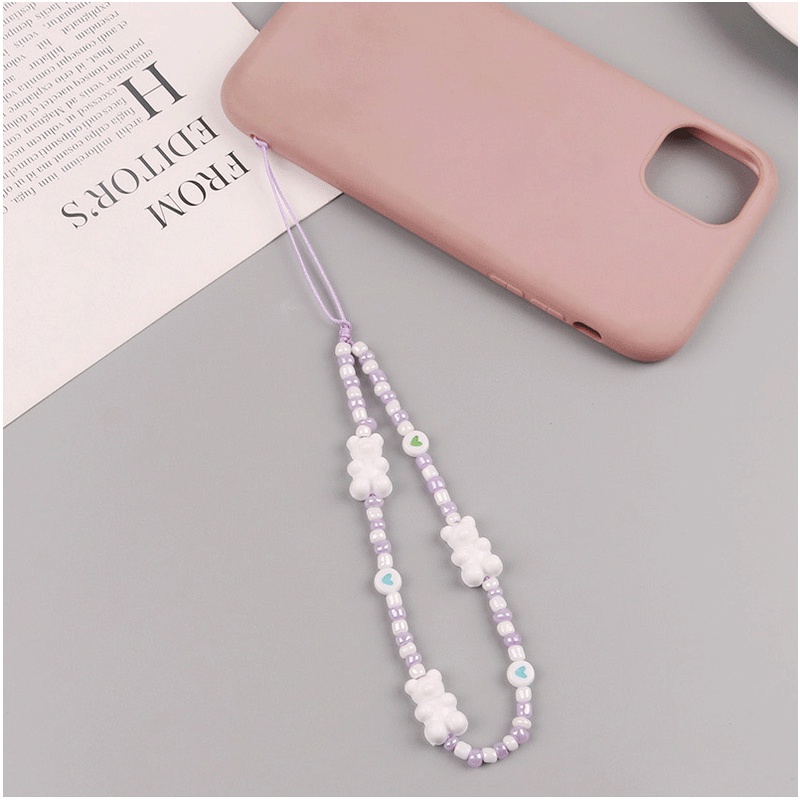 3d Resin Beruang Putih Dengan Warna Campuran Tidak Teratur Imitasi Mutiara Manik-Manik Rantai Lighg Ungu Tali Pendek Untuk iPhone Untuk Samsung Untuk OPPO Untuk VIVO Untuk Huawei Untuk Redmi Untuk Xiaomi Case