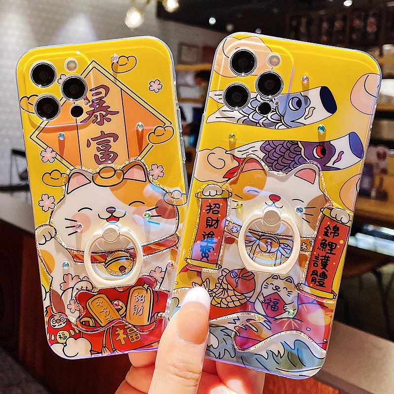 IPHONE Dapatkan Rich Jelly Glitters Lucky Cat Dengan Ring Holder Desain Phone Case Kompatibel Dengan Iphone12 13 14 11 Pro Max X Xs Max Xr Ffdsx