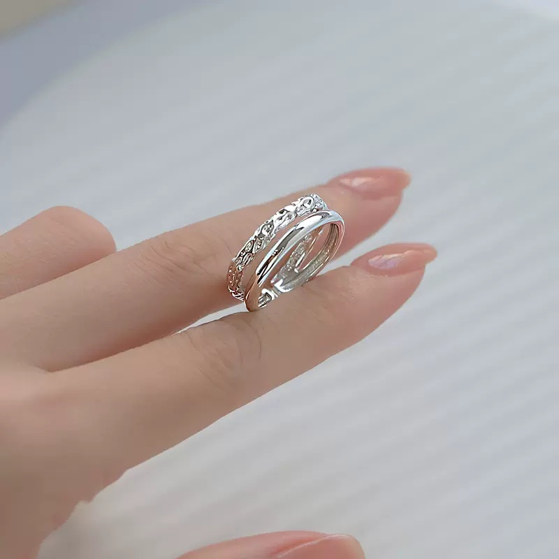 Papaozhu Stylish Double Layer Shiny Silver Wrinkle Open Ring Untuk Wanita Perempuan Trendi Geometris Jari Rings Perhiasan Aksesoris
