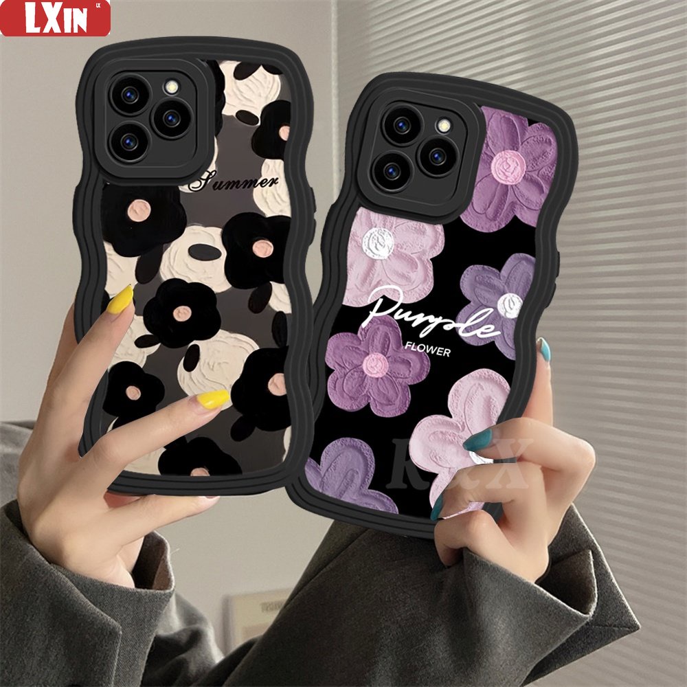 IPHONE Case Kompatibel Untuk Iphone14 12 13 Pro 11 8 6 6s Plus Max X 7Plus XR XS Max SE 2020 Wavy Edge Art Fresh Hitam Ungu Floral Lukisan Minyak Cover