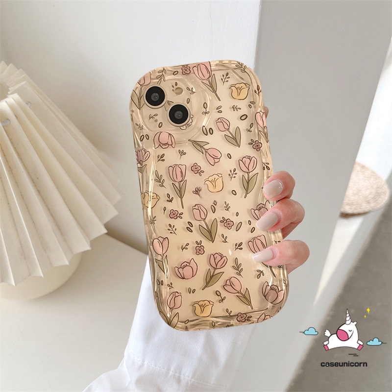 IPHONE Casing Ponsel Tepi Melengkung Bergelombang Transparan 3D Kompatibel Untuk Iphone11 14 13 12 Pro Max XR 7Plus 8Plus 6 6s 7 8 Plus X XS Max SE 2020 Fresh Flowers Soft Tpu Flower Back Cover