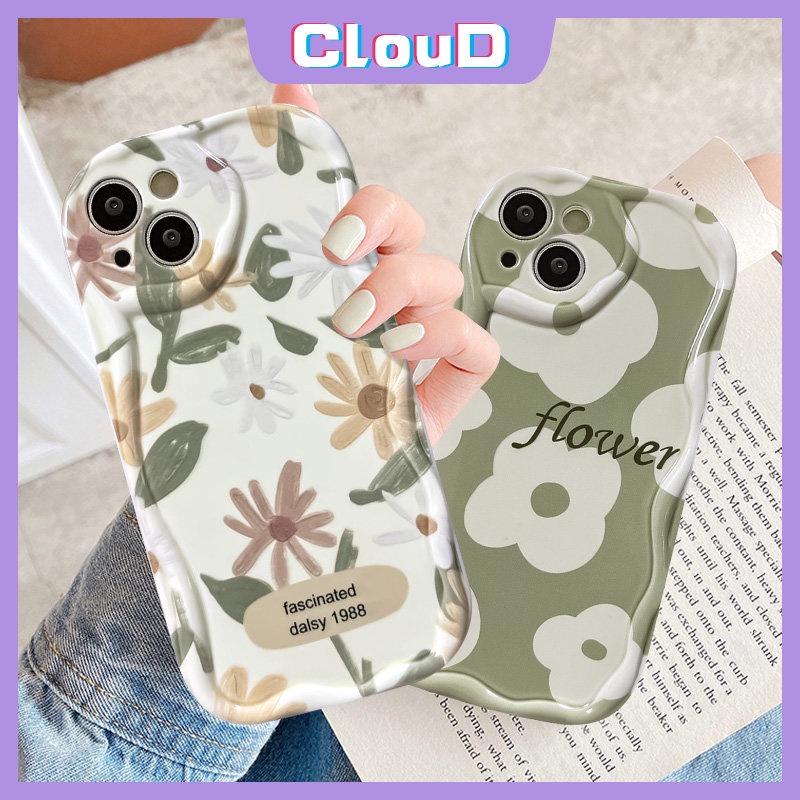 IPHONE Case Bunga Segar Kompatibel Untuk Iphone7 6 6s 8plus X XR 13 11 14 12 Pro Max XS Max 7Plus SE 2020 Lembut Tpu 3D Wavy Curved Edge Glossy Terpesona Daisy Floral Cover