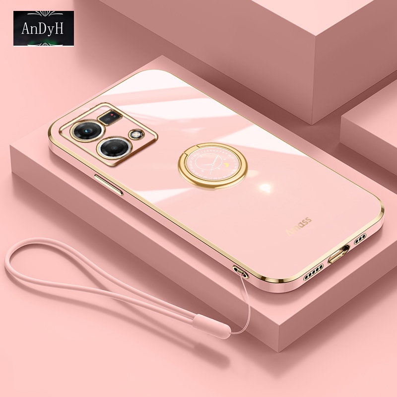 Andyh Casing Ponsel Silikon Ultra Tipis Untuk OPPO Reno7 4G F21 Pro Reno8 4G Deluxe Perlindungan Jatuh Band Emas Dengan Jam Cincin Dan Lanyard Gratis