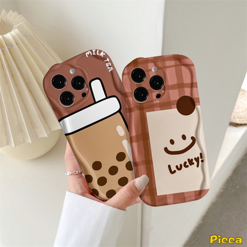 Couple Kartun Teh Susu Lucky Lattice Smiley Case Untuk Redmi Note12 10 11 8 9 11s 10s 10Pro 10 Pro Max Plus Redmi A1 9 9C NFC 10 9A A2 9T 10A 10C POCO M3 3D Tepi Lengkung Bergelombang Sarung