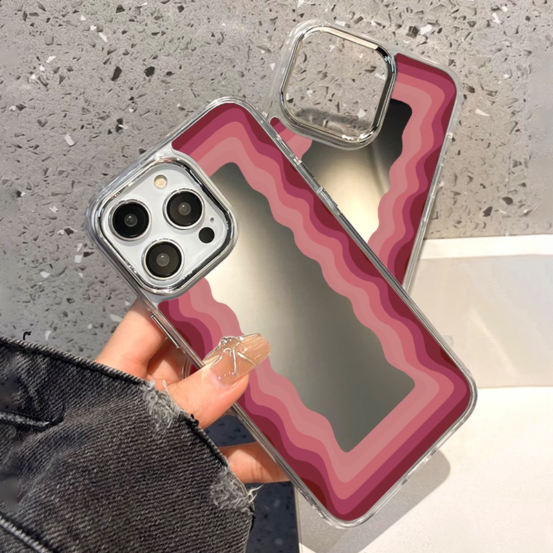 IPHONE Casing Ponsel Cermin Gelombang Pink Ungu Kompatibel Untuk Iphone11 12 13 14 12Pro 13Pro 14Pro Pro Max XR X XS Max Electroplating Tombol Perlindungan Mirror Cover