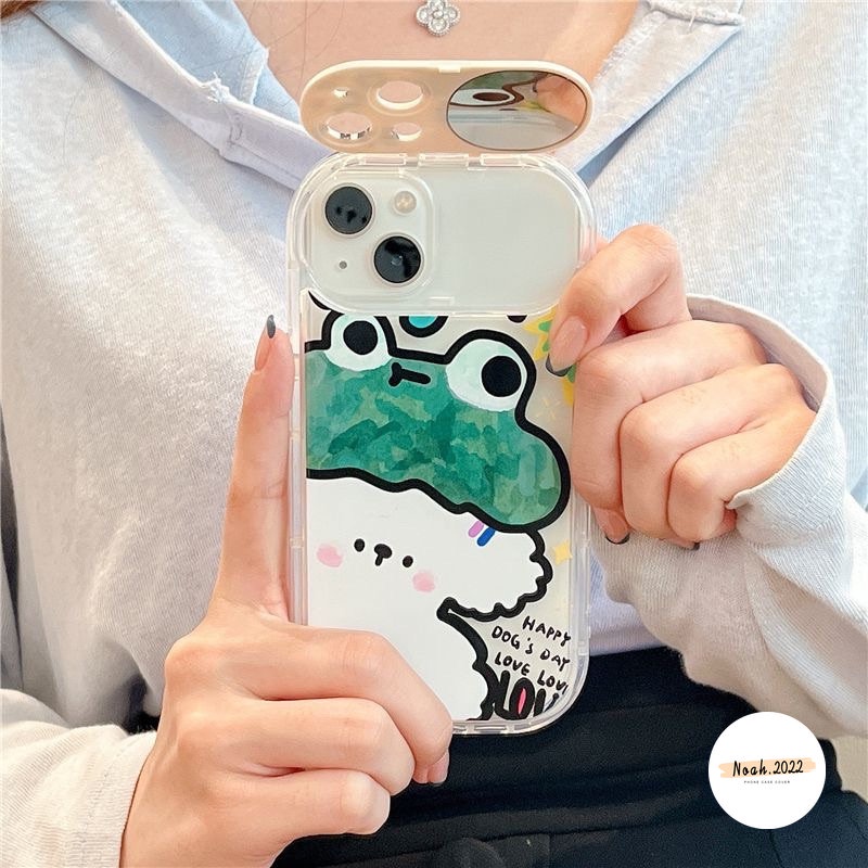 Case Kompatibel Untuk IPhone 11 Pro Max7 8 Plus 14 12 13 Pro MAX XR X XS MAX SE 2020 Kartun Hewan Beruang Lucu Kodok Kelinci Anjing Shockproof Kreatif Flip Make Up Cermin Soft TPU Case