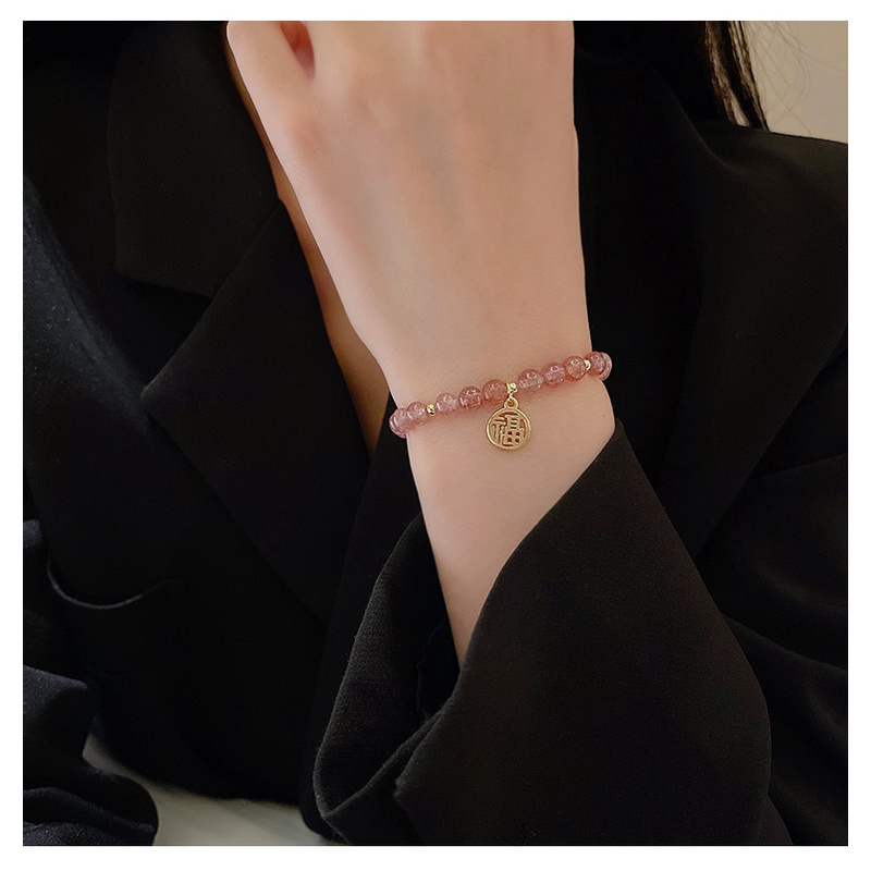 Gelang Kristal Strawberry ins Niche Desain Fu Karakter Gelang Pasangan High-End Perhiasan Tangan Pacar Gelang Kristal Perempuan Musim Panas