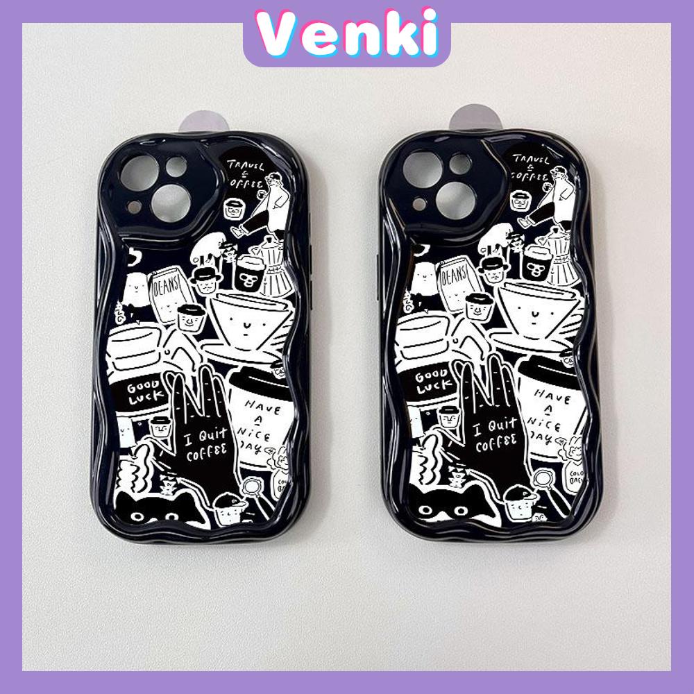 VENKI - Untuk iPhone 11 Case Tepi Melengkung Gelombang Case Glossy Hitam TPU Airbag Tahan Guncangan Kamera Case Gaya Seni Kreatif Kompatibel dengan iPhone 14 13 Pro max 12 Pro Max xr xs 7Plus 8Plus