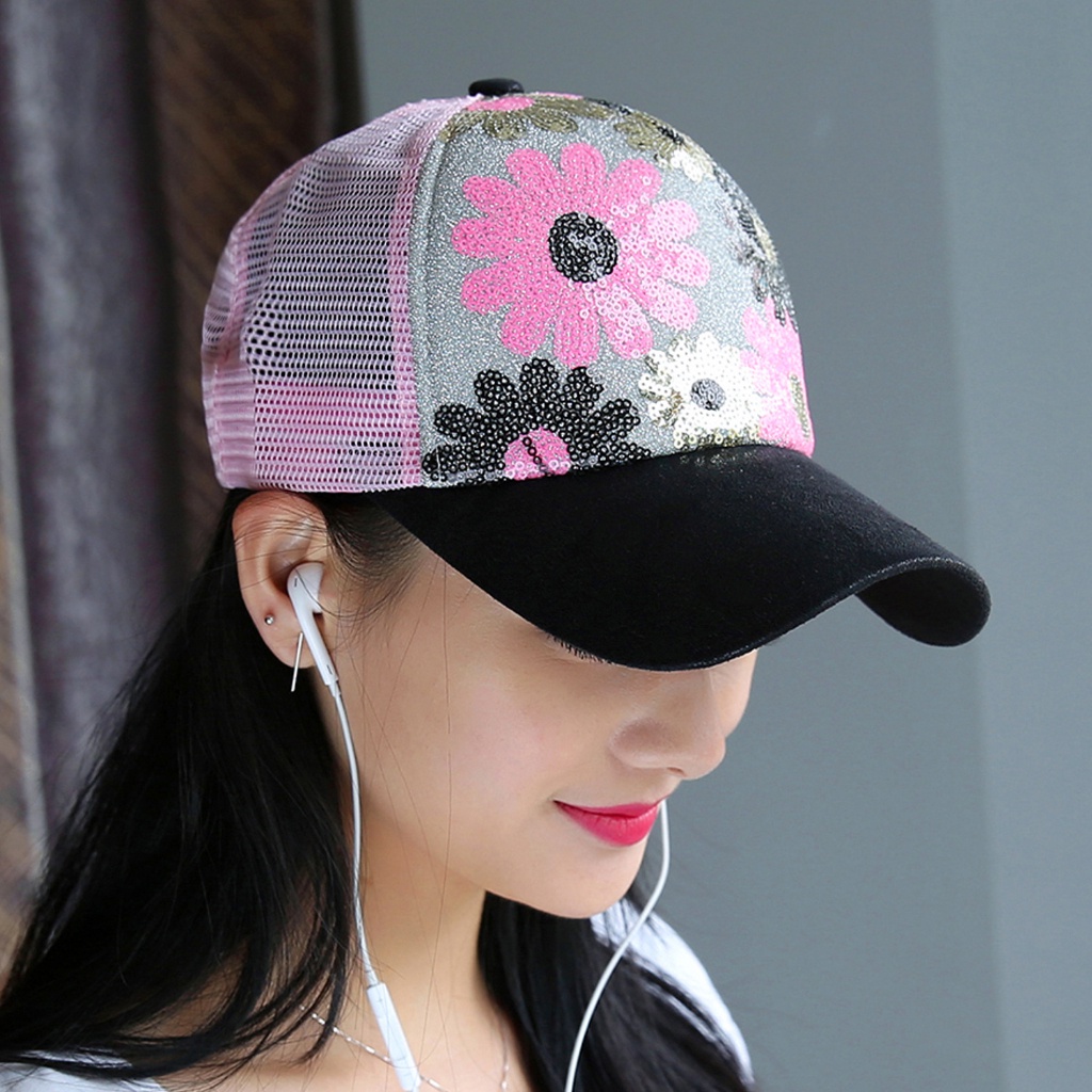 Topi Baseball Pria Wanita Motif Bunga Manik Sequin Trucker Hat Gaya Casual Kualitas Import BSBO