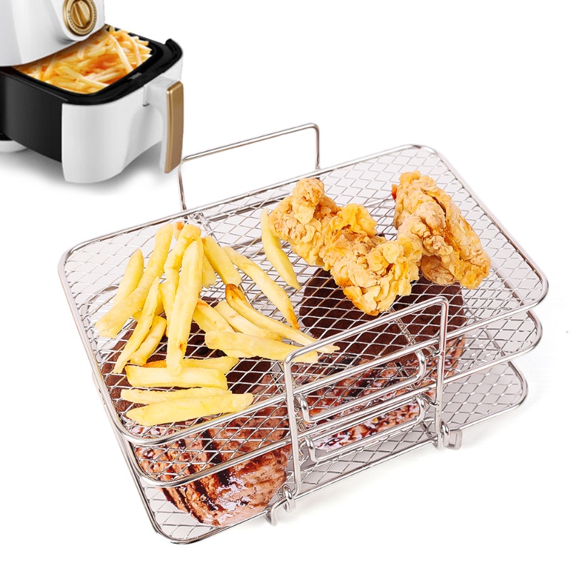 Dapur Stainless Steel Air Fryer 3-Layer Grill Aksesoris/Penggorengan Udara Persegi Panjang Dilepas BBQ Rak Grill Basket