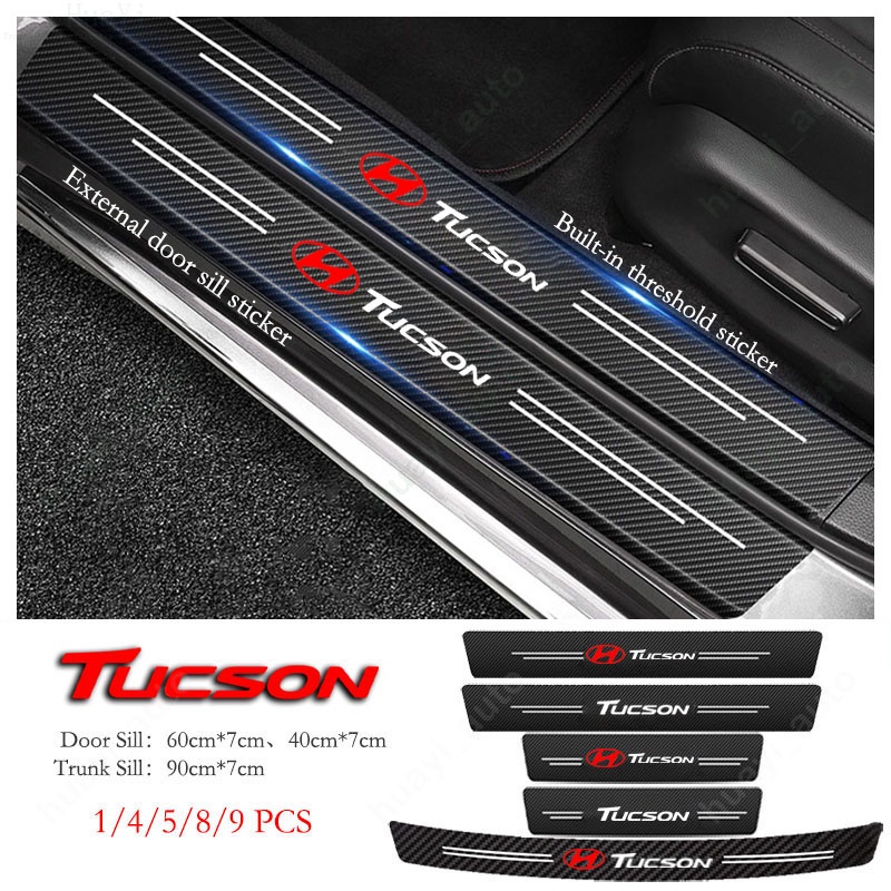 Hyundai Tucson Car Door Sill Sticker Anti Gores Serat Karbon Kulit Sticker Trunk Protector Stiker Untuk Tucson JM LM TL NX4 2020-UP Aksesoris