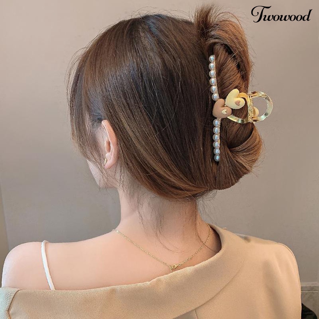 Twowood Frosted Flower Heart Decor Hair Claw Hias Mutiara Imitasi Hiu Rambut Alat Styling Penjepit