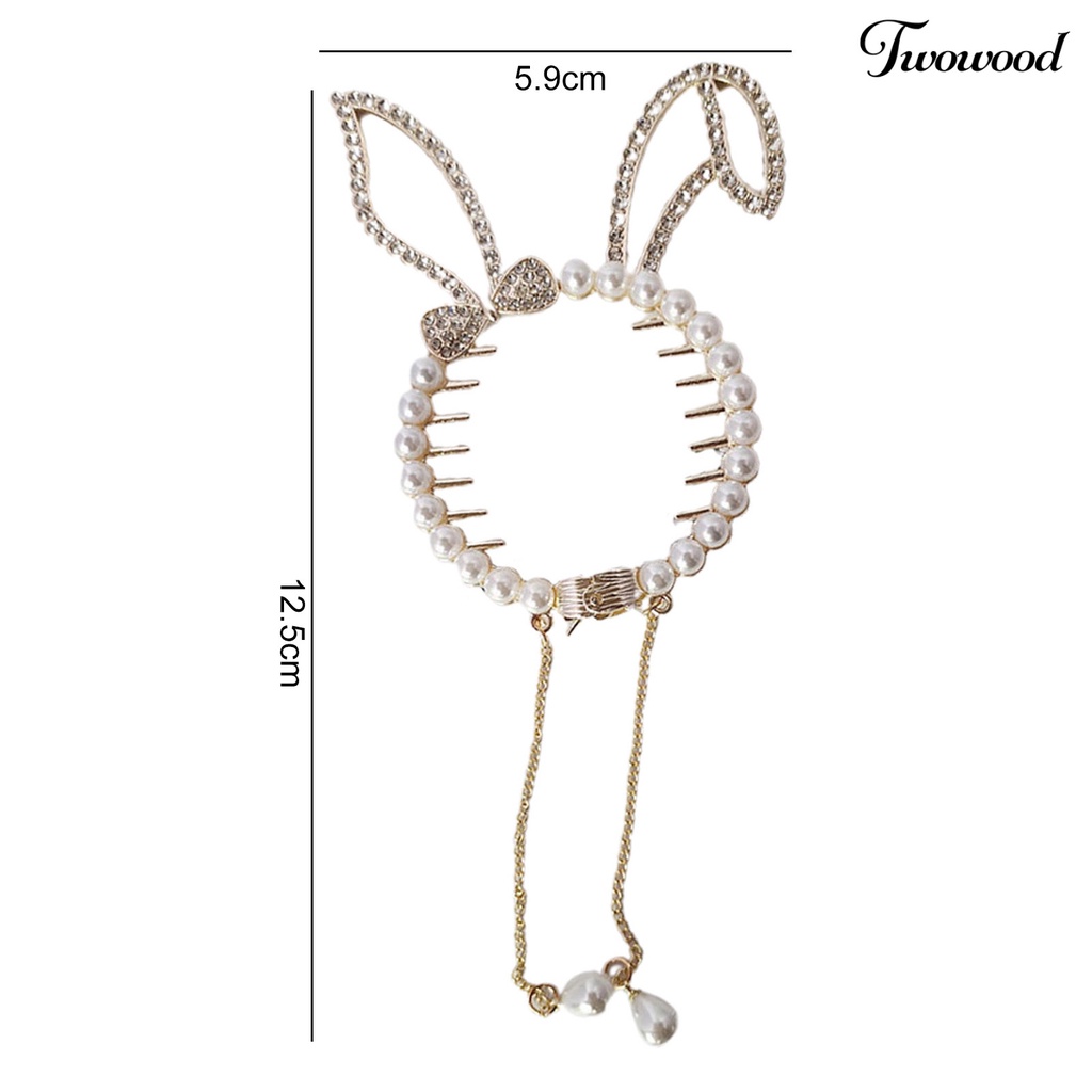 Twowood Shiny Rhinestones Faux Pearls Decor Ponytail Buckle Anti-slip Gigi Gadis Telinga Kucing Dekorasi Rumbai Liontin Rambut Penjepit Aksesoris Rambut