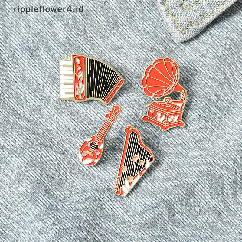 {rippleflower4.id} Vintage Kreatif Fashion Gramophone Akordeon Gitar Instrumen Kombinasi Tren Paduan Serbaguna Enamel Bros Lencana Perhiasan~