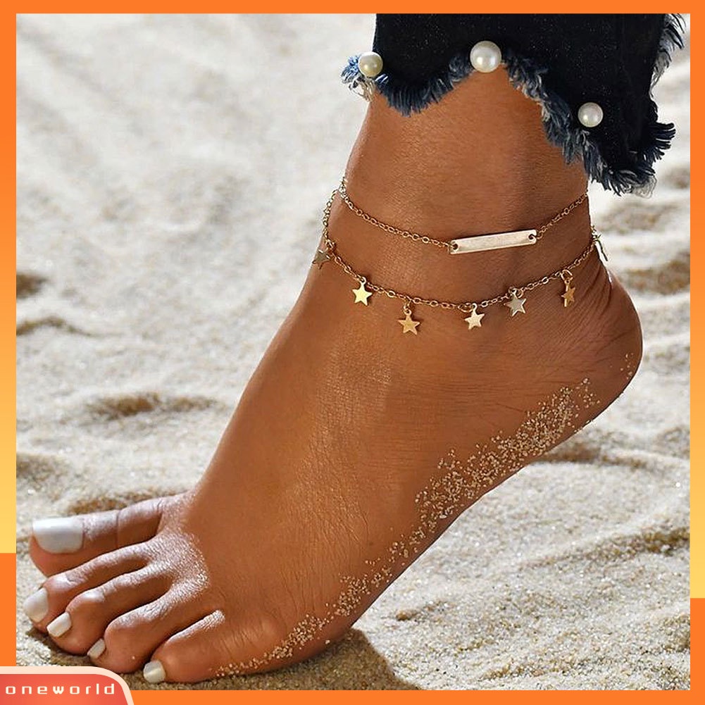 [WOD] Double Layer Star Bar Charm Anklet Wanita Pantai Sandal Barefoot Ankle Bracelet