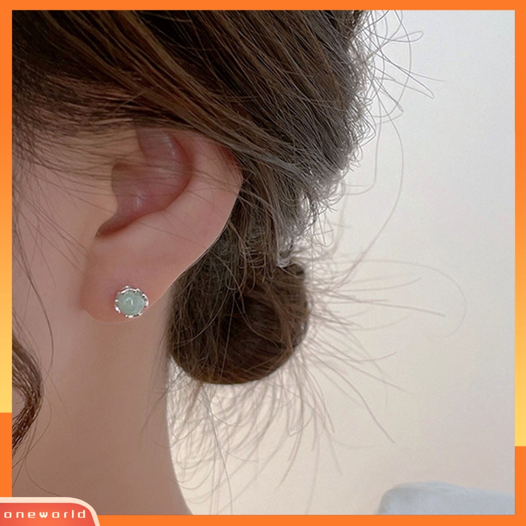 [WOD] 1pasang Ear Studs Shiny Imitasi Jade Inlay Ear Decoration Fashion Jewelry Piercing Studs Earring Wanita Perhiasan Hadiah Hadiah Hadiah Natal