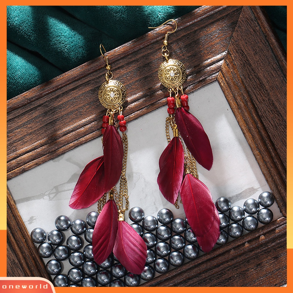 [WOD] 1pasang Anting Menjuntai Bohemian Etnik Vintage Electroplating All-match Dekorasi Hadiah Wanita Panjang Bulu Rantai Rumbai Drop Earrings Perhiasan Untuk Pakaian Sehari-Hari