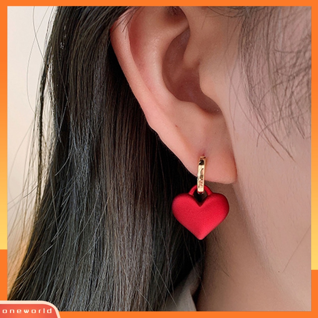 [WOD] 1pasang Anting Klip Romantis Mewah Paduan Frosted Merah Hati Drop Earrings Perhiasan Pesta