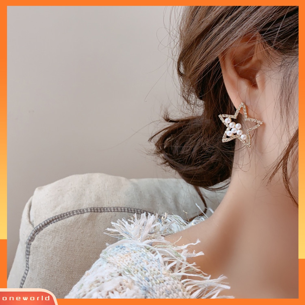 [WOD] Wanita Mutiara Imitasi Berlian Imitasi Snowflake Bintang Menjuntai Ear Stud Earrings Perhiasan Hadiah