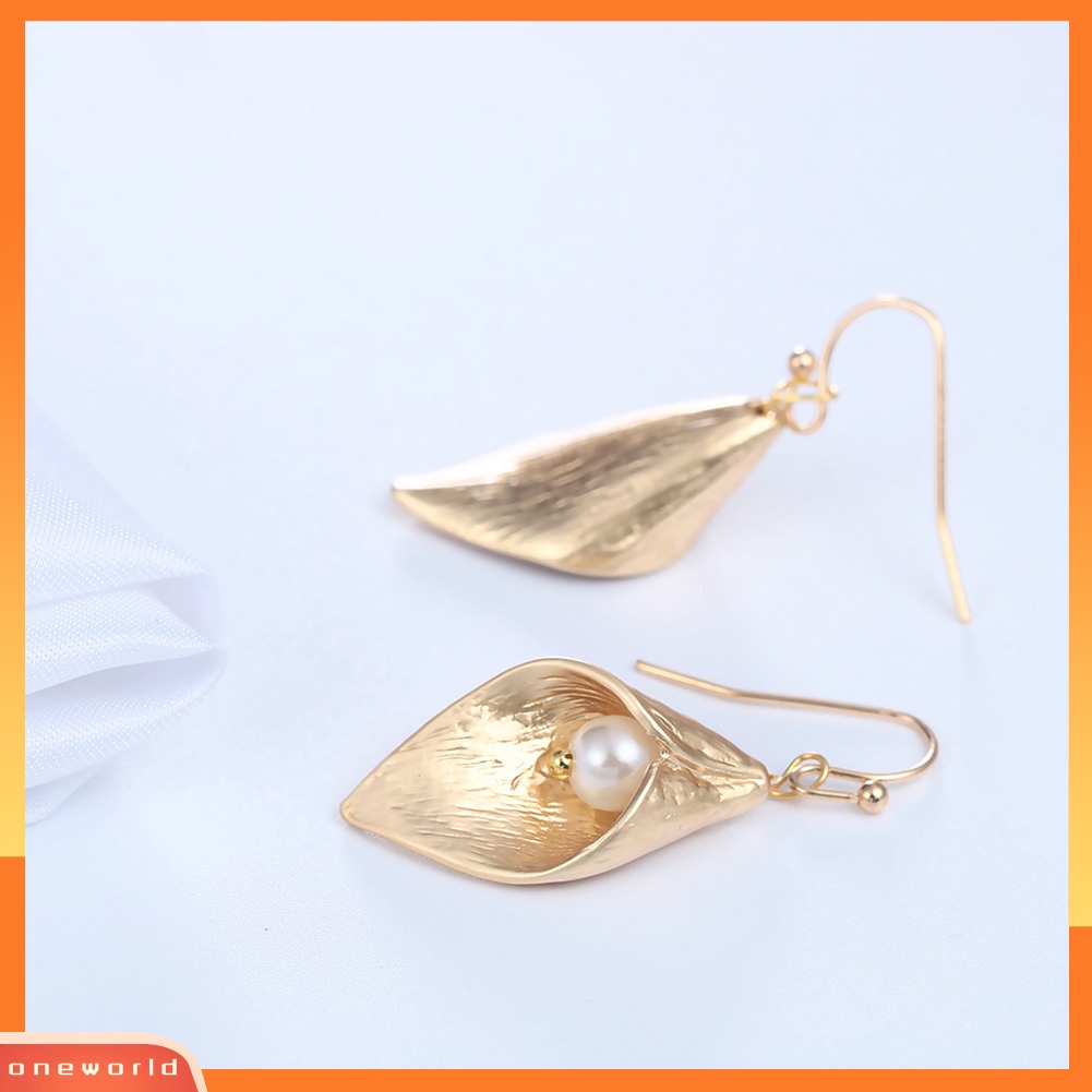 [WOD] Wanita Calla Lily Bunga Mutiara Imitasi Drop Gantung Hook Menjuntai Anting Perhiasan