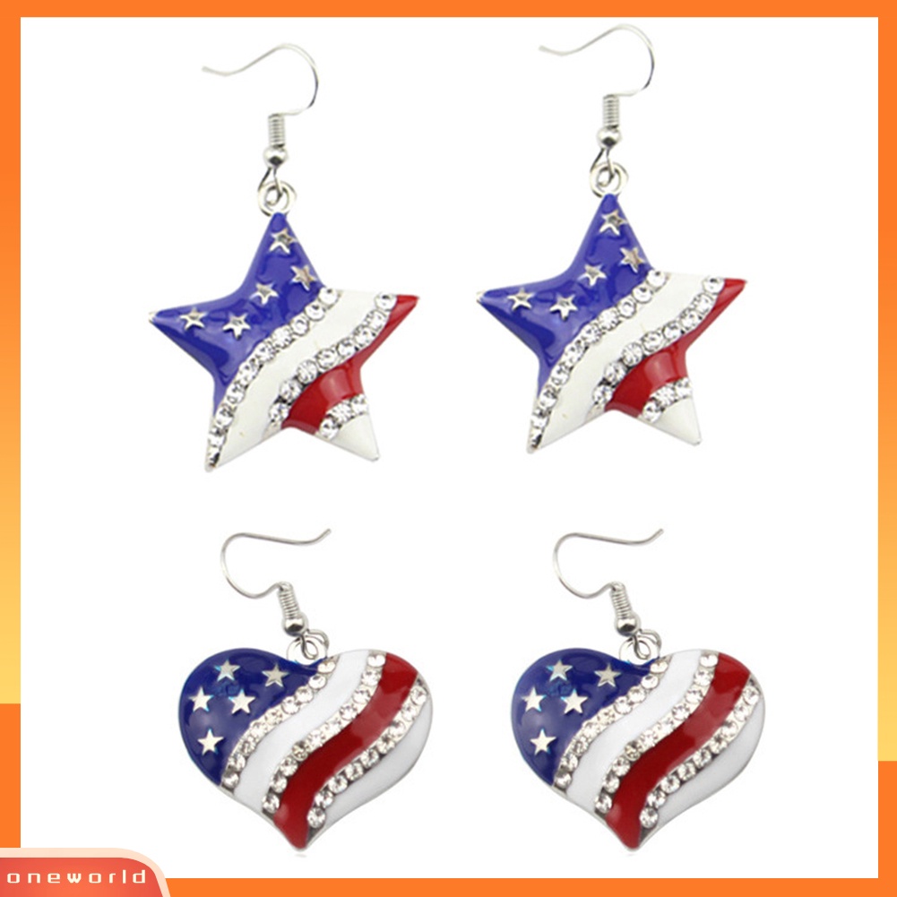 [WOD] Chic Bendera Amerika Hati Bintang Berbentuk Berlian Imitasi Ear Hook Anting Wanita Perhiasan