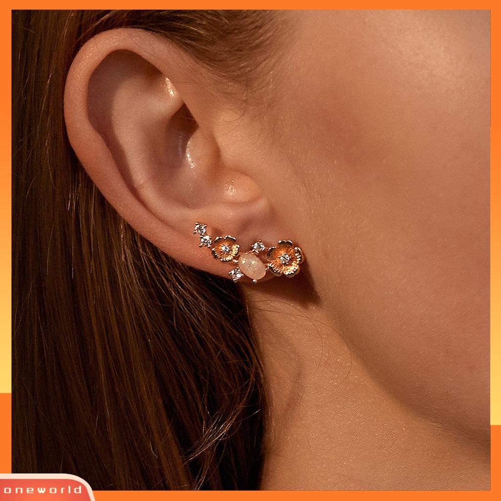 [WOD] 1pasang Anting Tusuk Bentuk Bunga Opal Imitasi Imitasi Tembaga Shiny Retro Ear Studs Earrings Untuk Pesta