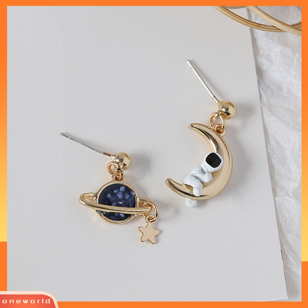 [WOD] Kreatif Asimetris Astronot Planet Bulan Liontin Wanita Stud Earrings Perhiasan