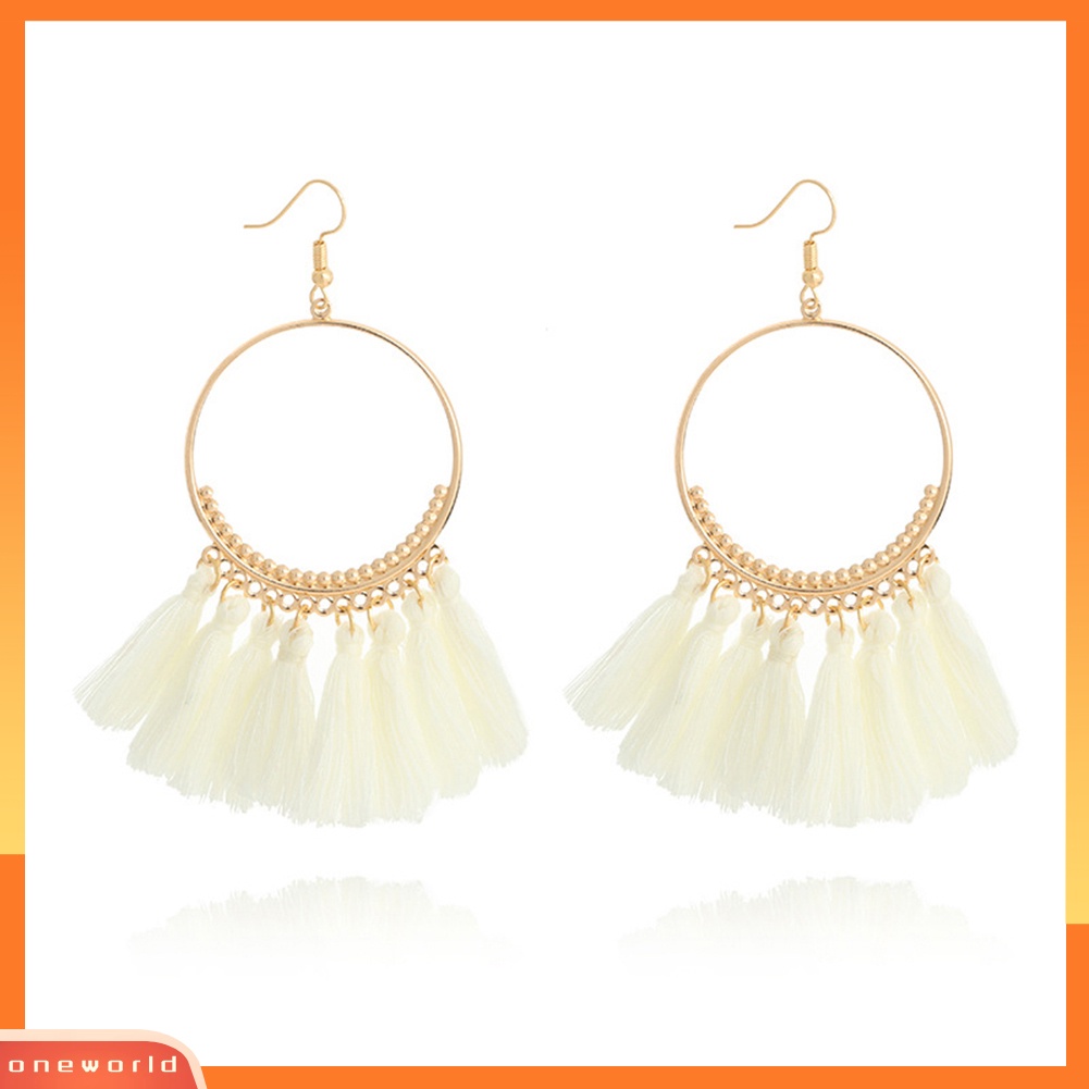 [WOD] Wanita Vintage Boho Besar Hoop Panjang Rumbai Fringe Menjuntai Kait Anting Perhiasan