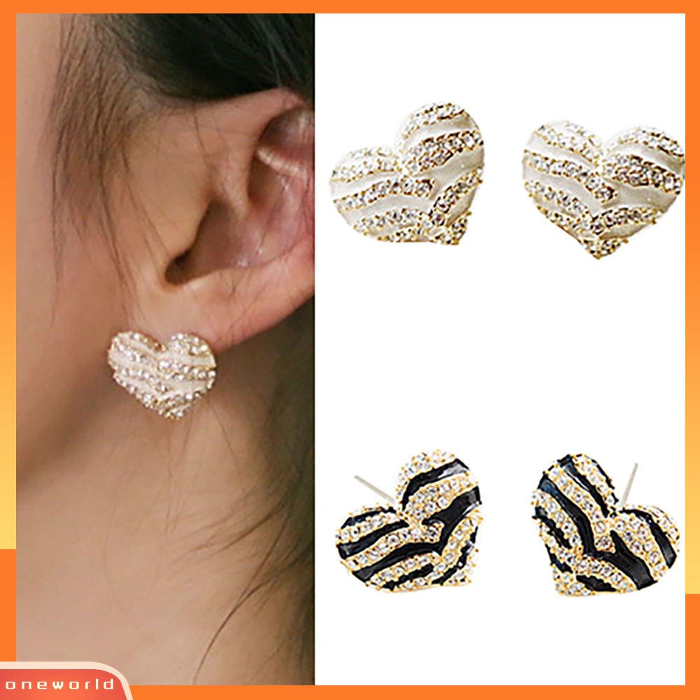 [WOD] Fashion Wanita Zebra Kristal Berlian Imitasi Bentuk Hati Ear Stud Earrings Jewelry