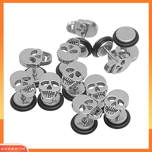 [WOD] 1pasang Unisex Punk Gothic Stainless Steel Barbel Tengkorak Telinga Studs Anting Perhiasan