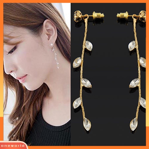 [WOD] Fashion Wanita Elegan Berlian Imitasi Daun Cabang Willow Ranting Linear Anting Panjang