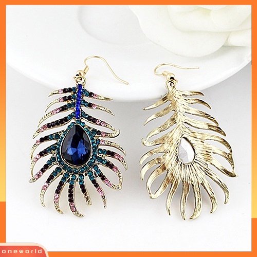 [WOD] 1pasang Wanita Retro Berlian Imitasi Bentuk Bulu Merak Statement Hook Menjuntai Anting