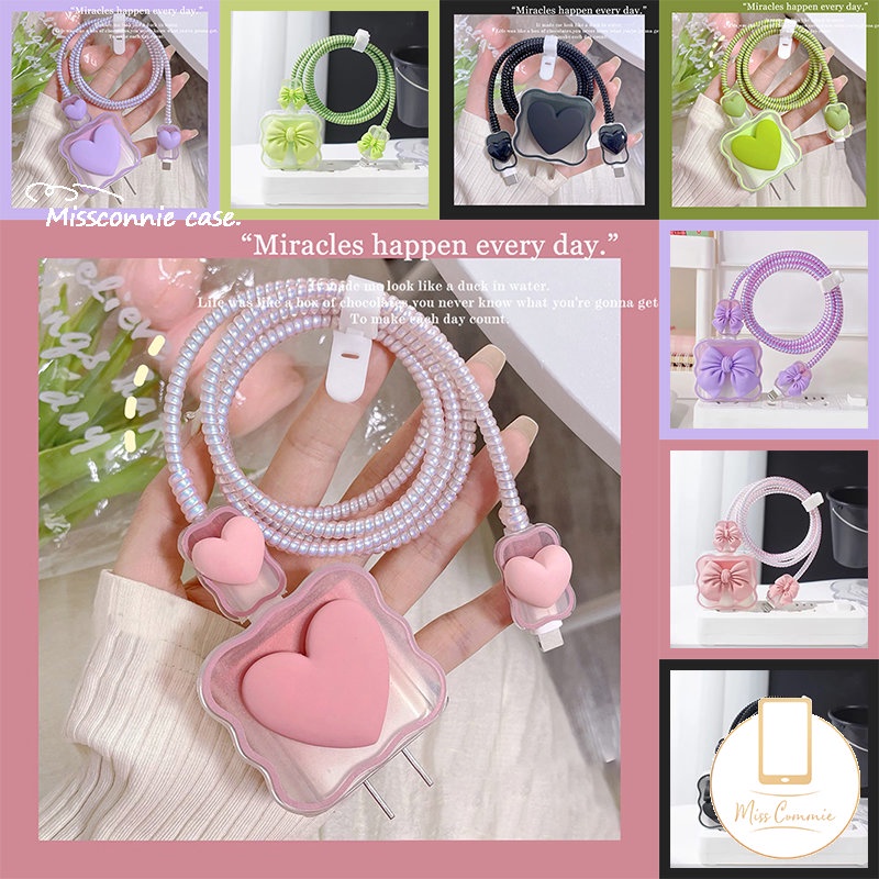 5in1 Wavy Edge Cute Ikatan Simpul Cinta Hati Set Lengan Kabel Data Kompatibel Untuk Apple 18/20W Adaptor Charger Soft Cover Dengan Lovely Strawberry Bear Toy Story Pelindung Gigitan Kabel