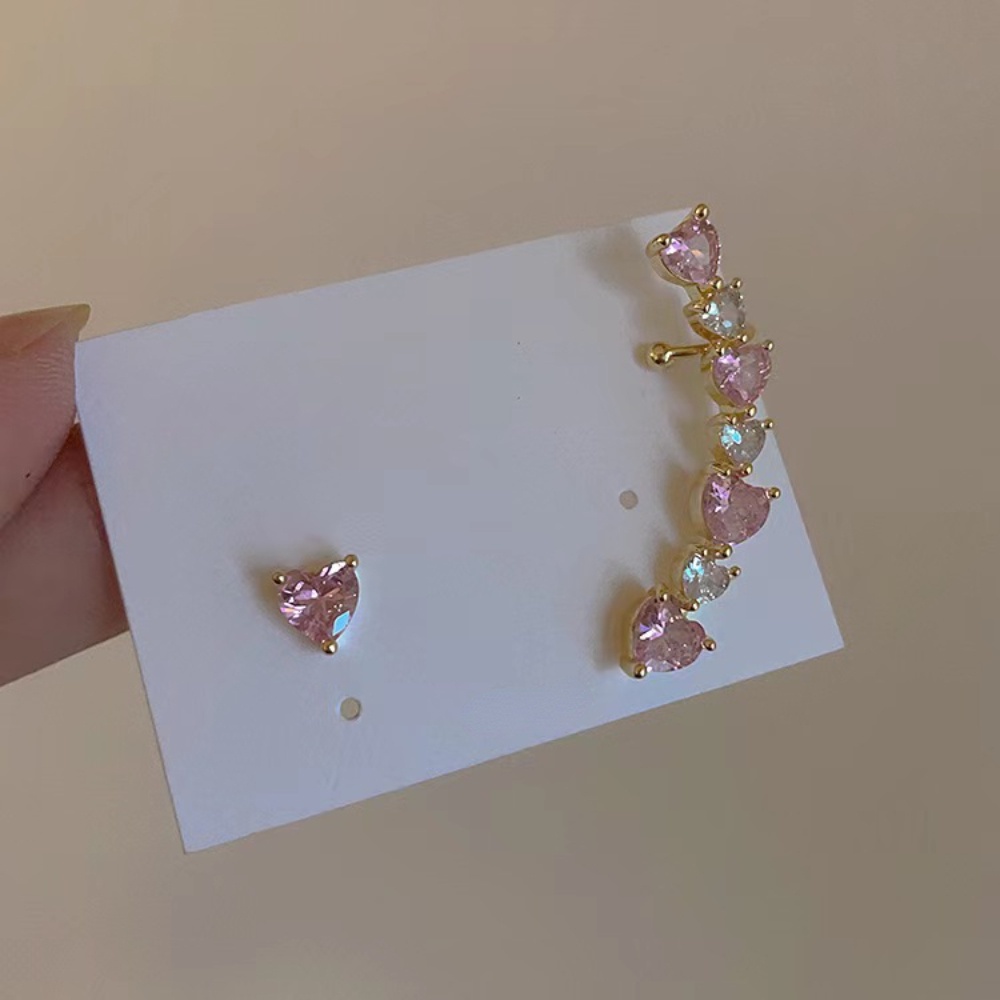 Deartiara Manis Asimetris Merah Muda Cinta Zirkon Ear Studs Earbone Klip Kecil Dan Sederhana Serbaguna Anting Gaya Fashion