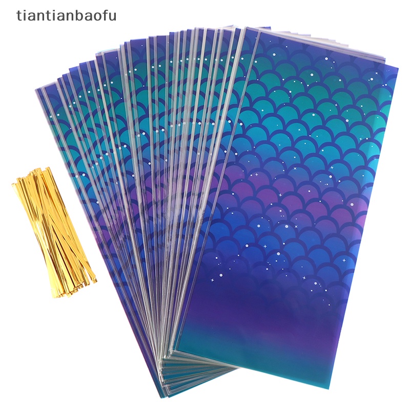 [tiantianbaofu] 50 Pcs Mermaid Pesta Hadiah Tas Permen Biskuit Packing Bag Mermaid Tail Traktir Tas Butik