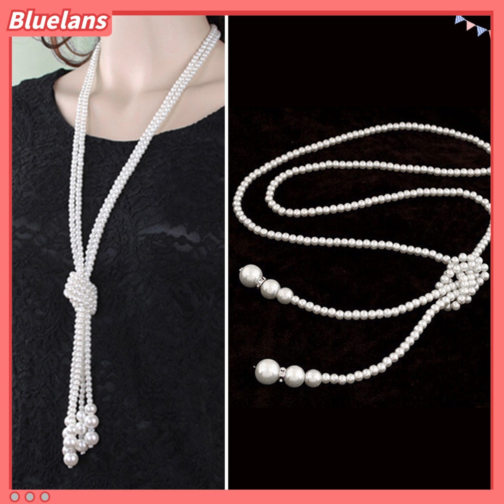 [BLS] Mutiara Imitasi Kalung Warna Putih Diikat Manik-Manik Panjang Rumbai Leher Rantai Gaun Elegan-Atas Paduan Perhiasan Wanita Gaun Sweater Kalung Aksesoris Perhiasan Hadiah