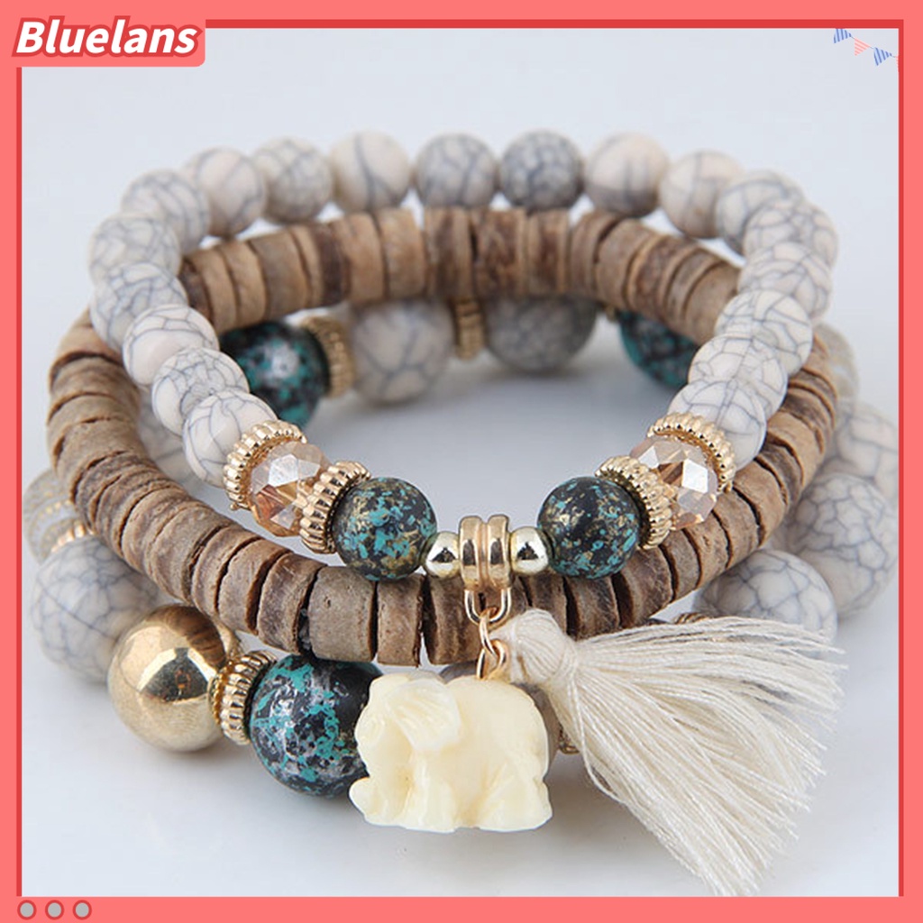[BLS] 3pcs/set Tali Elastis Multilayer Resin Wanita Gelang Wanita Bohemia Gajah Rumbai Manik-Manik Gelang Perhiasan Aksesori
