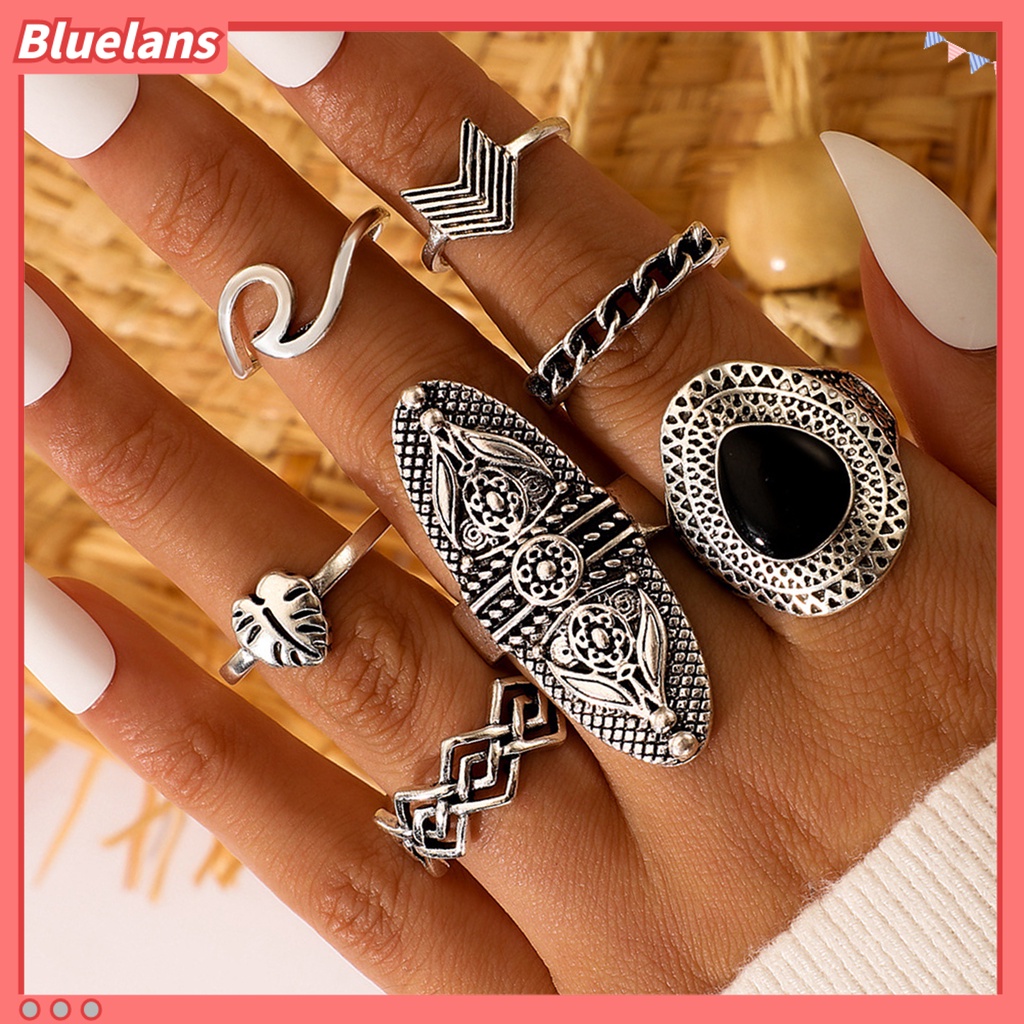 [BLS] 7pcs Cincin Bohemian Wanita Anti Tarnish Geometris Permata Imitasi Jari Cincin Set Perhiasan Untuk Pesta