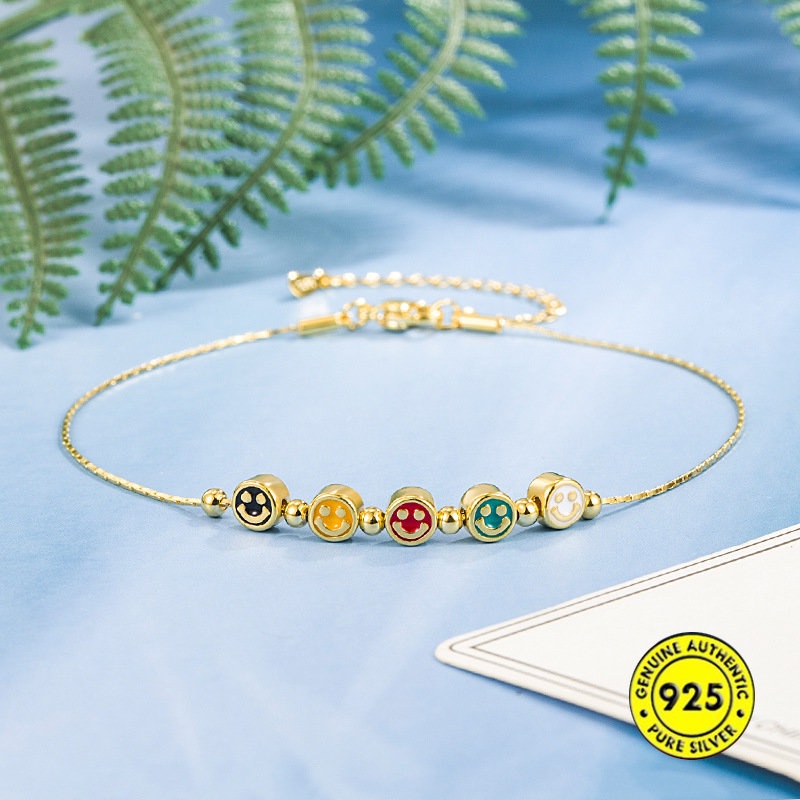 Gelang Kaki Emas Smiley Face Warna-Warni Cahaya Mewah Halus Grace High Sense Ornament U1855