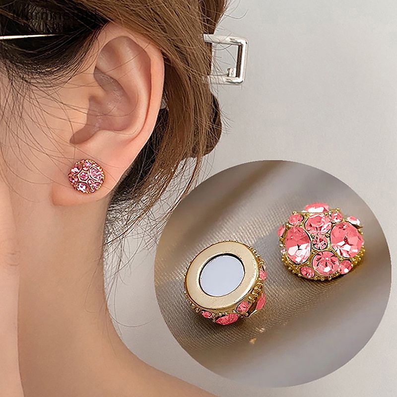 Mornin 1PC/1pasang Kreatif Elegan Pink Zirkon Kristal Telinga Stud Magnet Kuat Tanpa Lubang Telinga Klip Anting Untuk Wanita Perhiasan Hadiah id