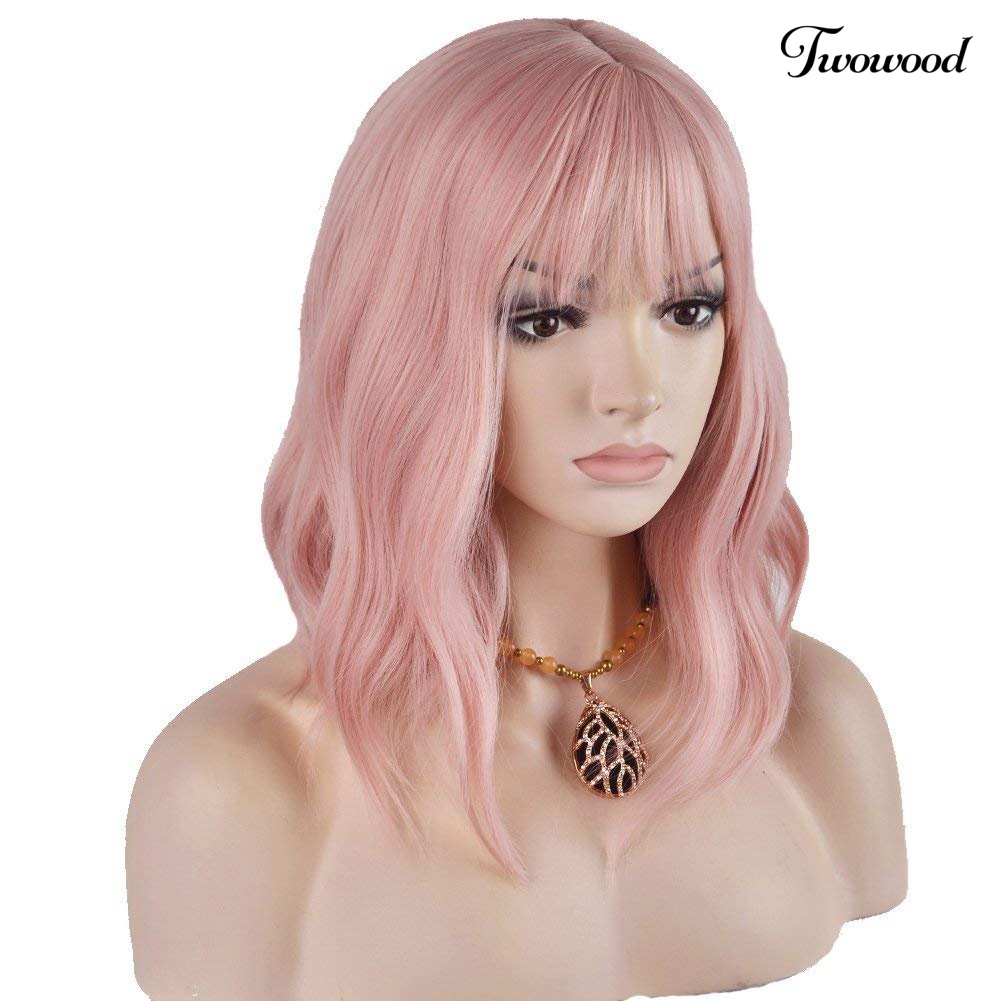 Wig Rambut Palsu Wanita Sintetis Twowood Pink Curly Panjang Bahu Dengan Poni Untuk Cosplay