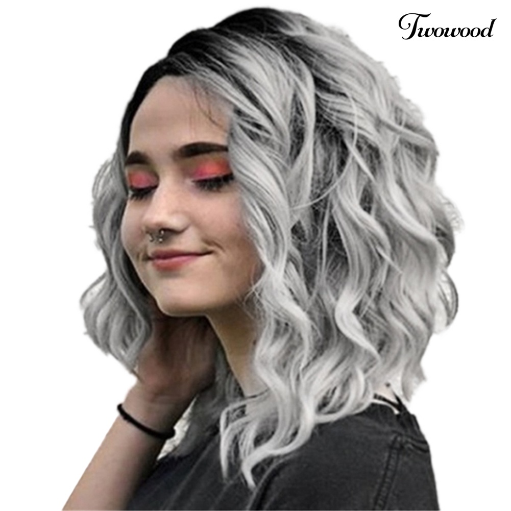 Twowood Gradient Grey Side Parting Curly Wig Wanita Panjang Bahu Cosplay Sopak