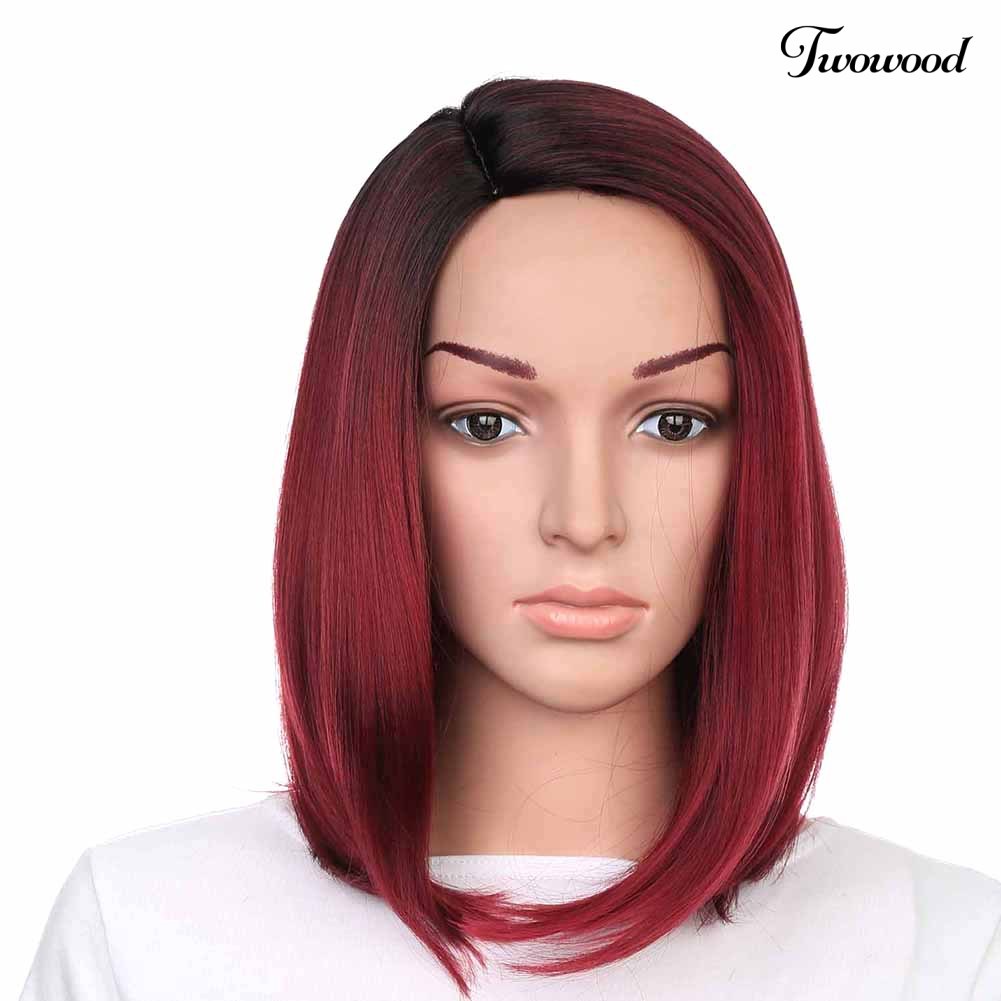 Twowood Perempuan Merah Gradien Rambut Lurus Serat Suhu Tinggi Matte Wig Sopak