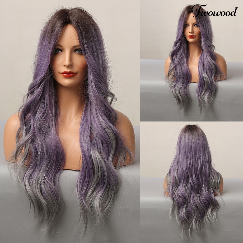 Twowood Wig Gelombang Panjang Efek Gradien Dengan Lengan Mesh Wig Cosplay Panjang Ombre Campuran Ungu Ultra Tipis Untuk Perempuan