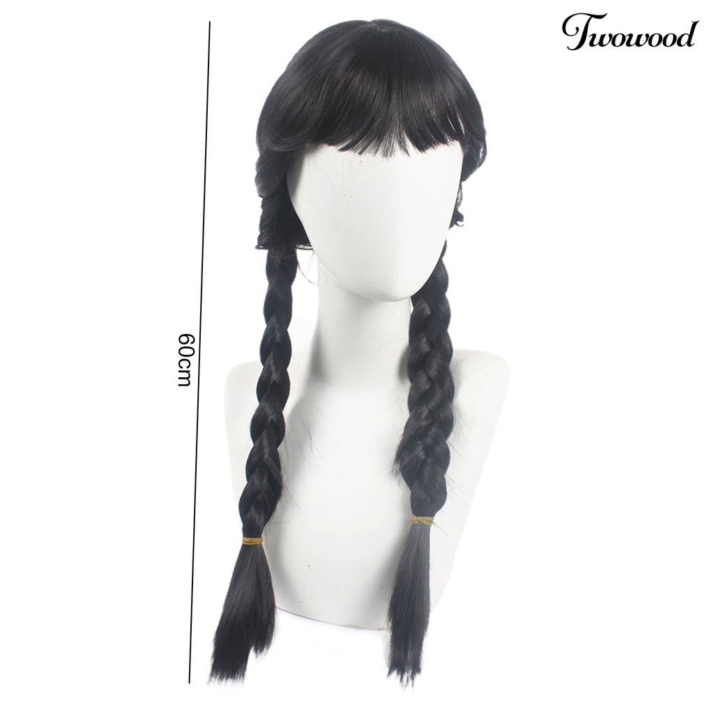 Twowood Cosplay Wig Simulasi Jangan Perm Halus Cakupan Penuh Bermain Peran Tanpa Simpul Panjang Hitam Kepang Rambut Dengan Poni Wanita Wig Pesta Supply