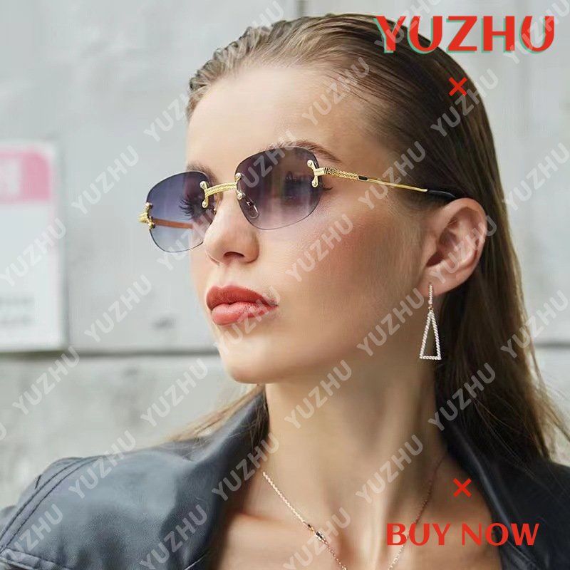 (YUZHU) Logam Tanpa Bingkai Kacamata Persegi Perempuan Punk Fashion Bingkai Kecil Kacamata Hitam Pria