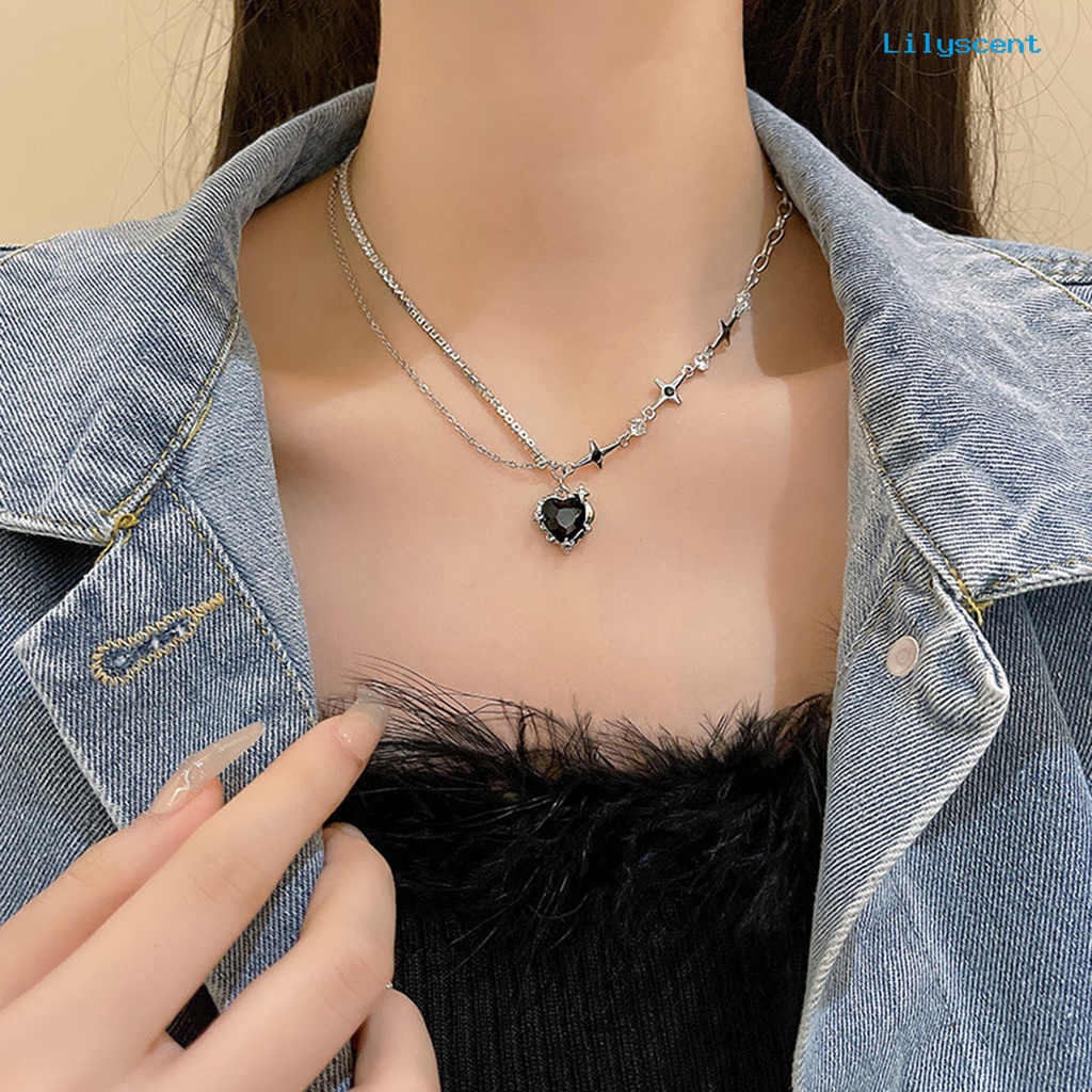 [LS]Wanita Kalung Dengan Liontin Hati Hitam Shiny Cubic Zirconia Hias Bintang Punk Asimetris Klavikula Kalung Fashion Perhiasan